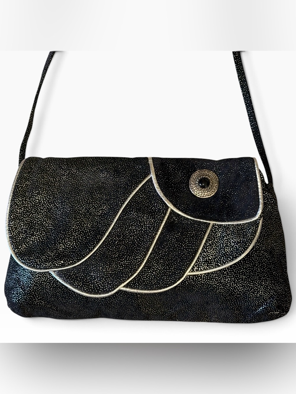 Vintage TOHPO Genuine Stingray Skin Black & Silver Layered Flap Evening Bag